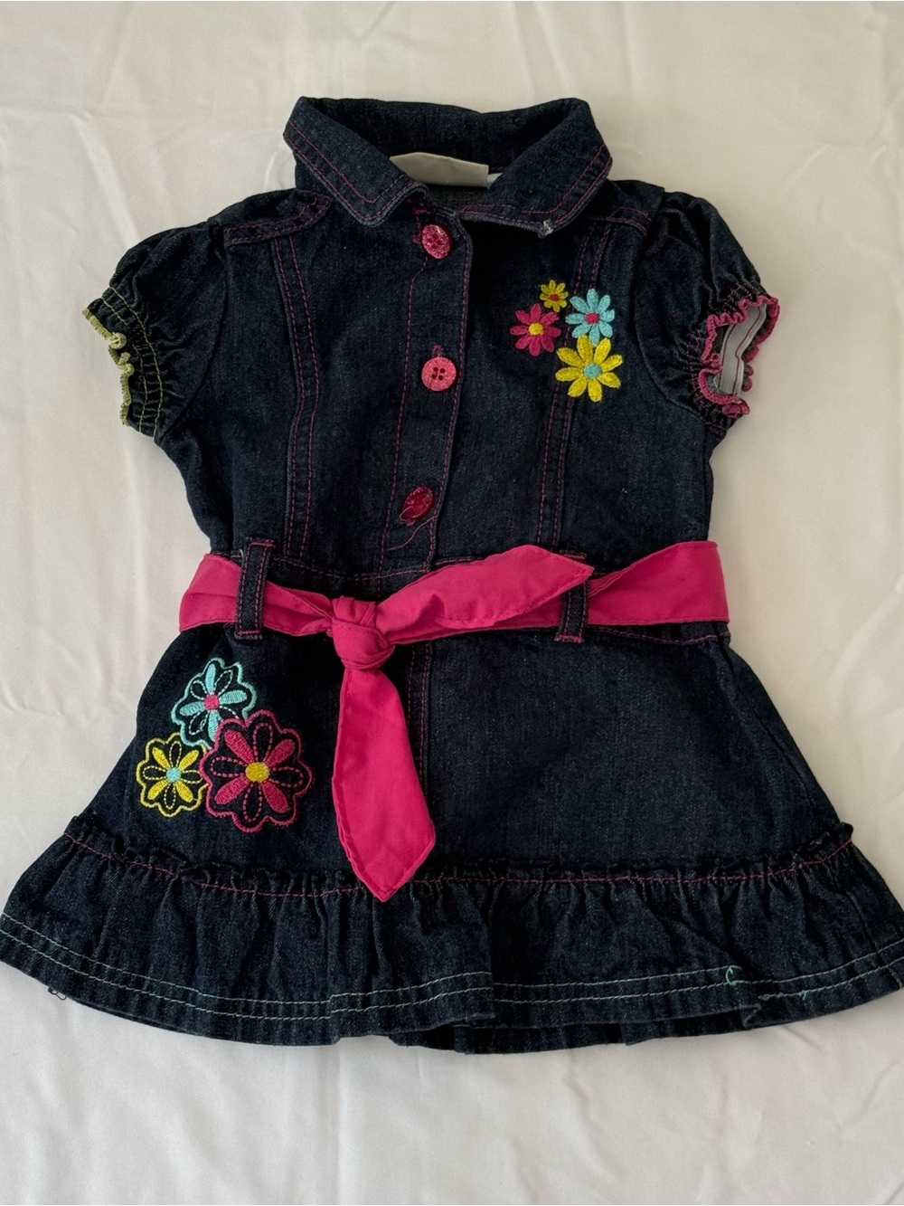 Vintage Carter’s "Watch the Wear" Denim Dress with Pink Belt,‎ 12M